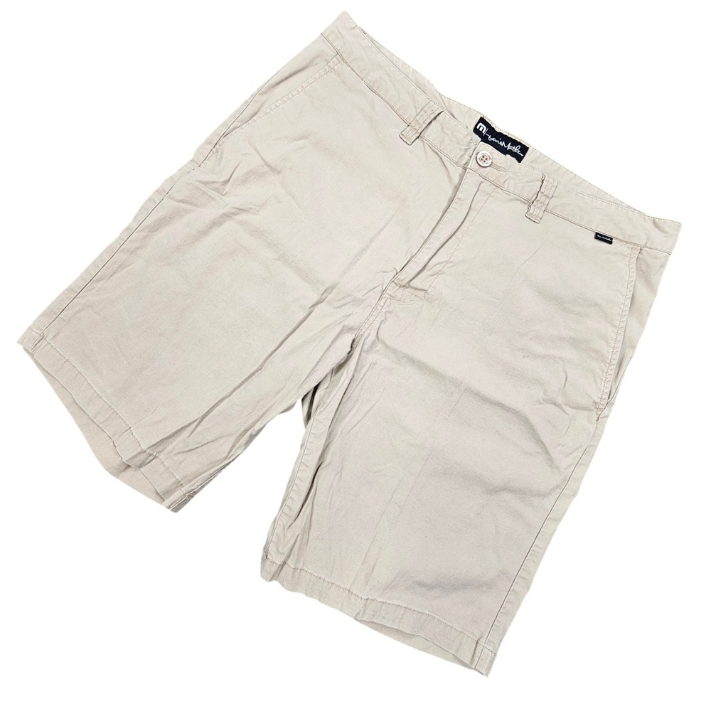 TravisMathew Golf Shorts 34 Mens Khaki Tan Beck Chino Tencel Stretch Flat Front